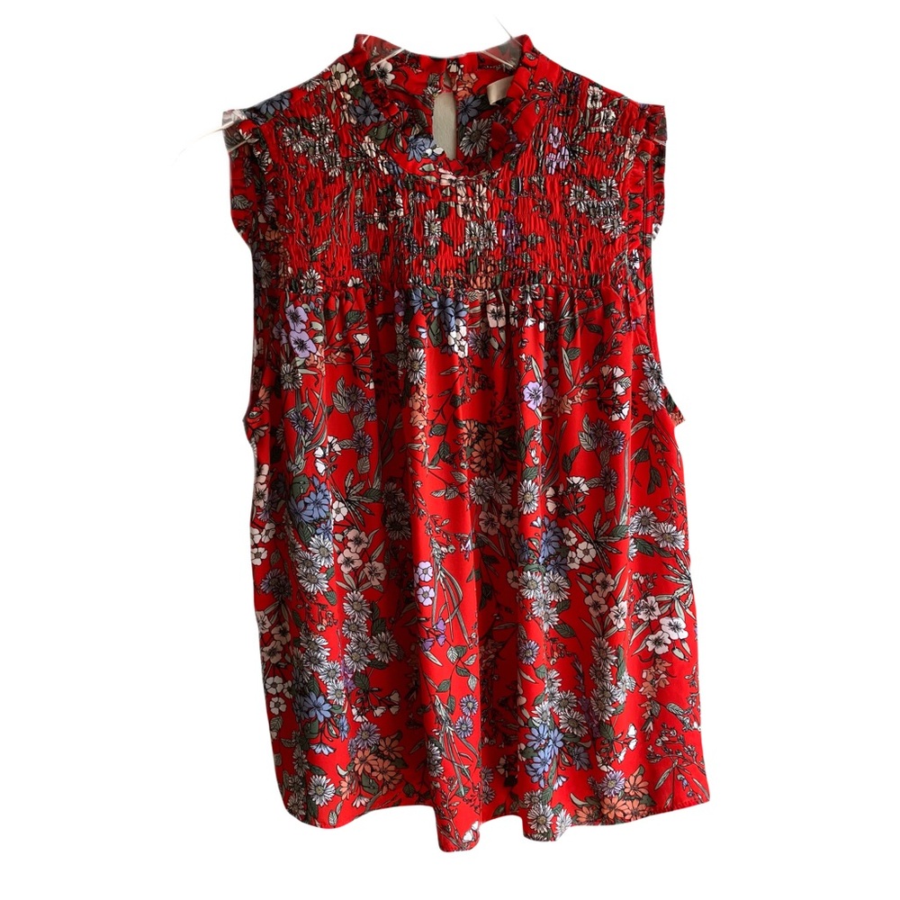 Kenar Red Floral Print Smocked Sleeveless Blouse Size L Mandarin Collar Keyhole